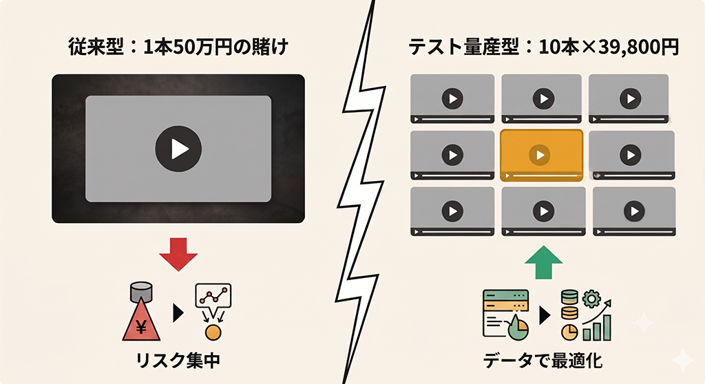 従来型1本50万円とテスト量産型10本×39,800円の比較イメージ