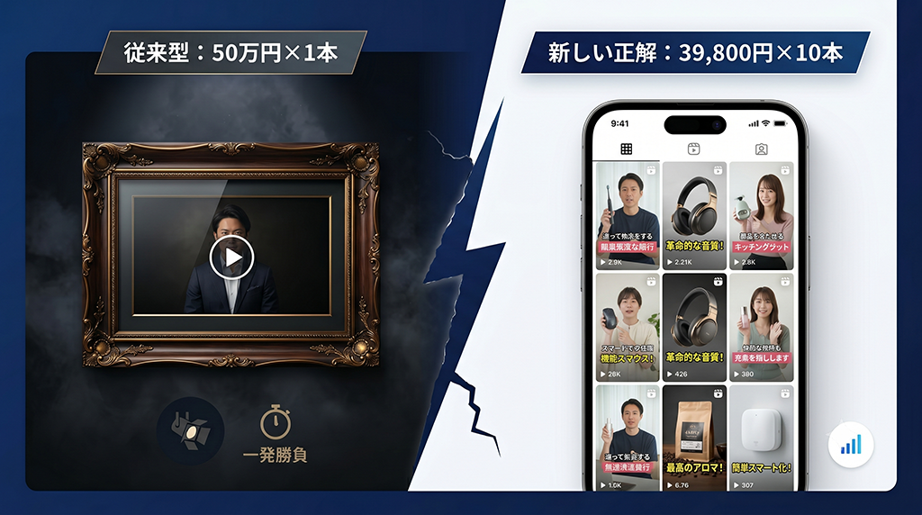 従来型 50万円×1本 と テスト量産型 39,800円×10本 の比較イメージ